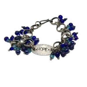 Charm Bracelet Hope Silver Tone Dangle Rings  Multi shade Blue Beads